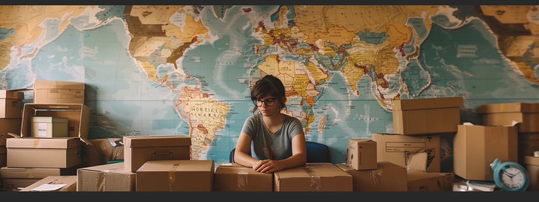 a woman meticulously organizing moving boxes labeled with destinations across the country, surrounded by a map of the united states, highlighting irvine, ca.