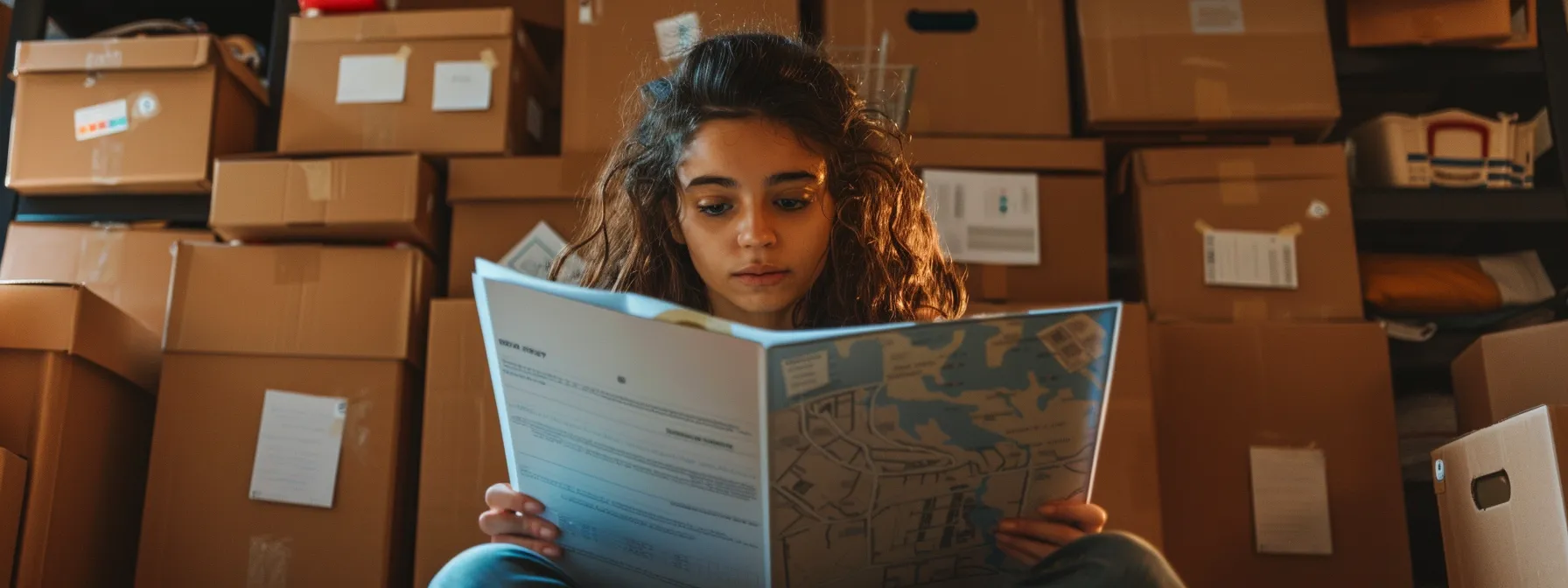 a woman surrounded by labeled moving boxes, holding a detailed moving binder with a map of irvine, ca in the background.