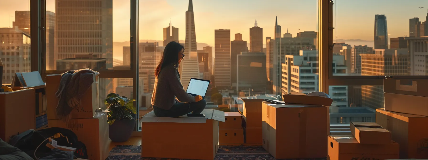 a woman surrounded by moving boxes, updating her address online with a laptop, overlooking the iconic skyline of downtown san francisco.