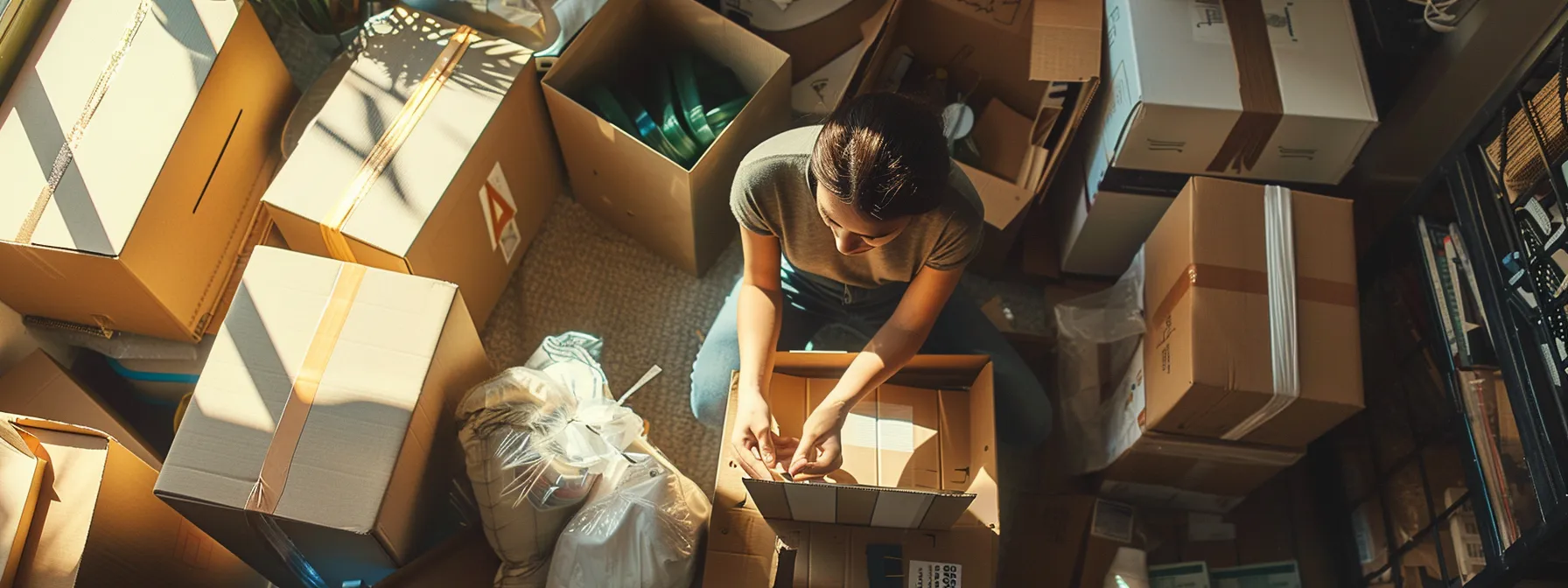 a woman surrounded by moving boxes and packing supplies, checking off items on a detailed checklist in downtown san francisco. a woman surrounded by moving boxes and packing supplies, checking off items on a detailed checklist in downtown san francisco.