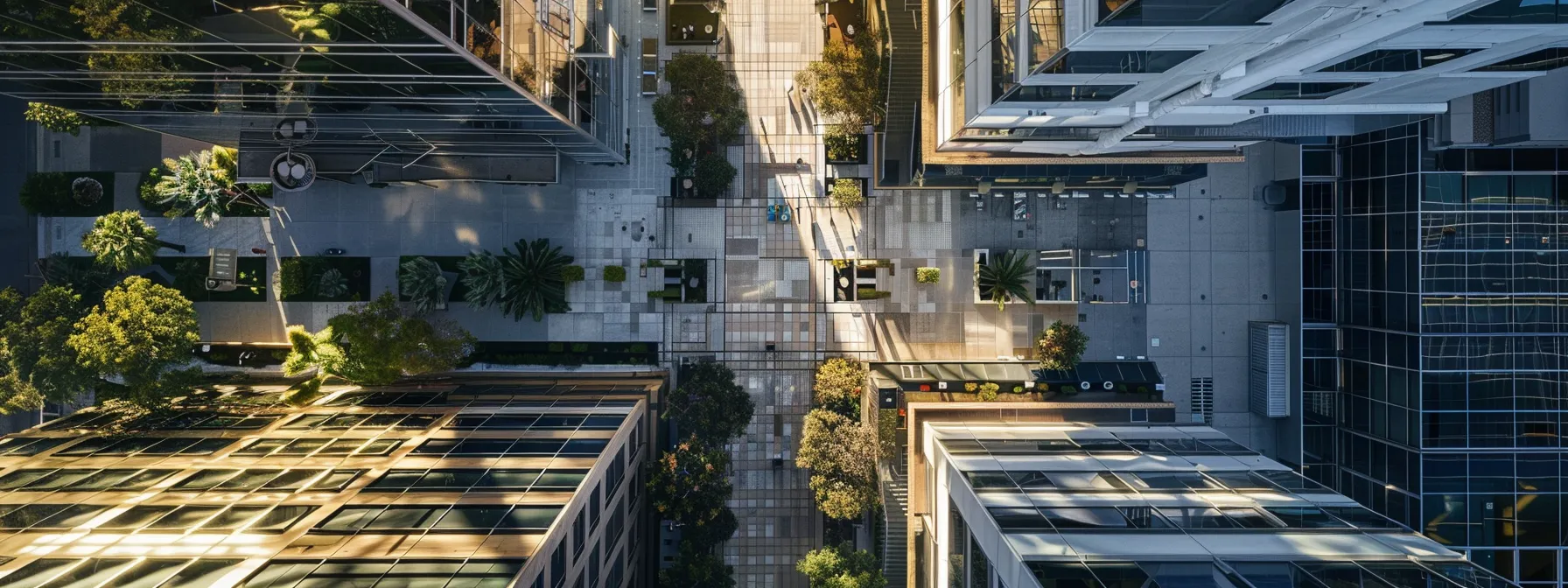 aerial view of bustling irvine business district in orange county, showcasing modern office buildings and vibrant city life.