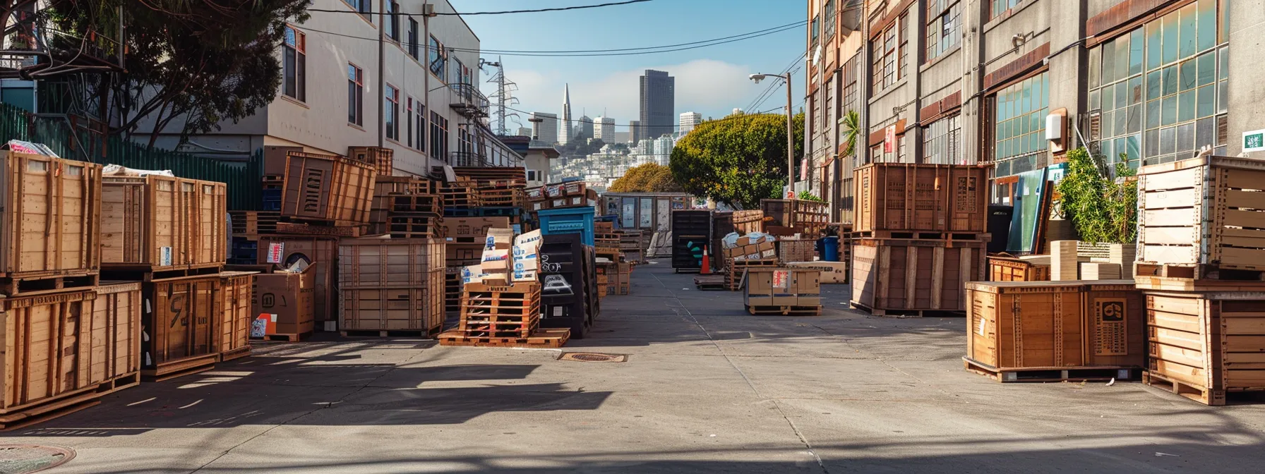 an eco-friendly move in san francisco: organized crates and biodegradable materials used for packing, with a recycling center in the background. an eco-friendly move in san francisco: organized crates and biodegradable materials used for packing, with a recycling center in the background.
