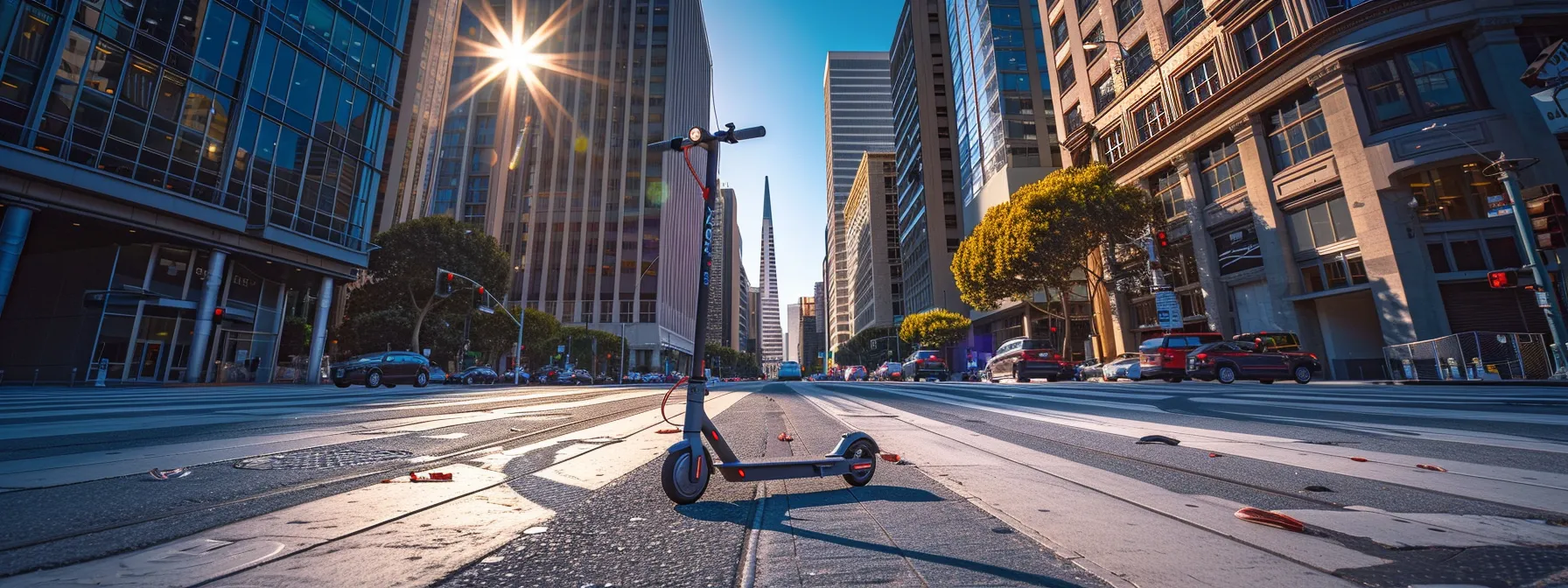 an electric scooter zipping through the bustling streets of downtown san francisco, surrounded by towering skyscrapers under a clear blue sky. an electric scooter zipping through the bustling streets of downtown san francisco, surrounded by towering skyscrapers under a clear blue sky.