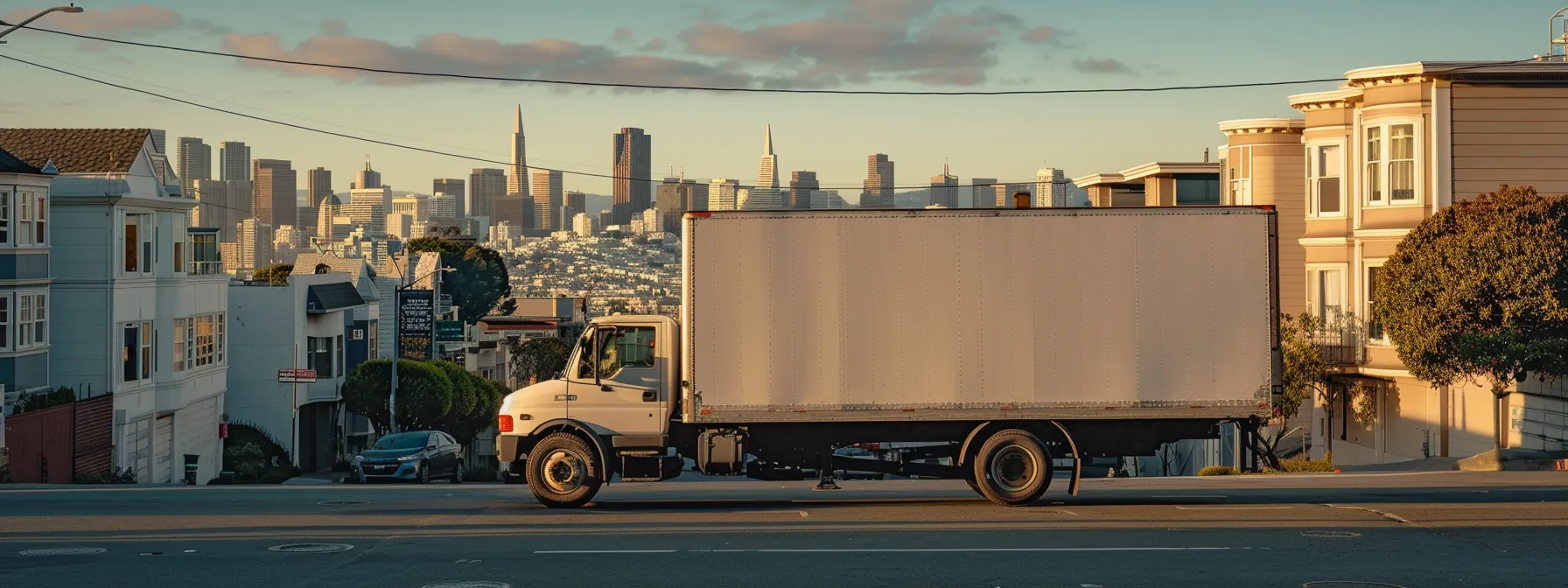 an empty moving truck parked on a san francisco street, with the city skyline in the background, ready to be loaded by a reliable moving company.