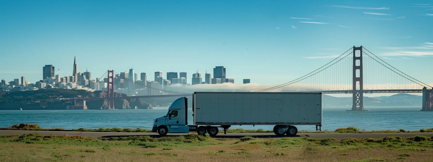 an empty moving truck parked in front of the golden gate bridge with the san francisco skyline in the background, ready to be loaded with belongings for a long-distance move. an empty moving truck parked in front of the golden gate bridge with the san francisco skyline in the background, ready to be loaded with belongings for a long-distance move.