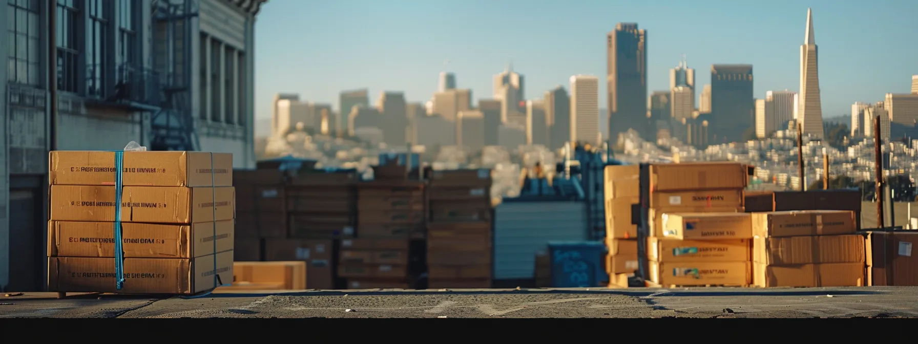 an image of a stack of sturdy, biodegradable moving boxes made from eco-friendly materials against a backdrop of downtown san francisco. an image of a stack of sturdy, biodegradable moving boxes made from eco-friendly materials against a backdrop of downtown san francisco.