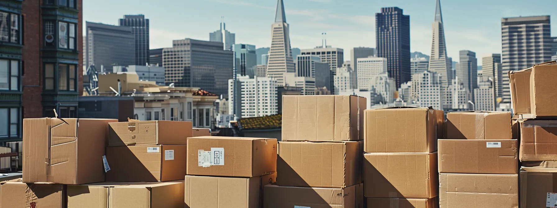 an image of recyclable cardboard boxes stacked neatly against a backdrop of the bustling cityscape of downtown san francisco, emphasizing the importance of sustainable packing materials for movers in an urban setting. an image of recyclable cardboard boxes stacked neatly against a backdrop of the bustling cityscape of downtown san francisco, emphasizing the importance of sustainable packing materials for movers in an urban setting.