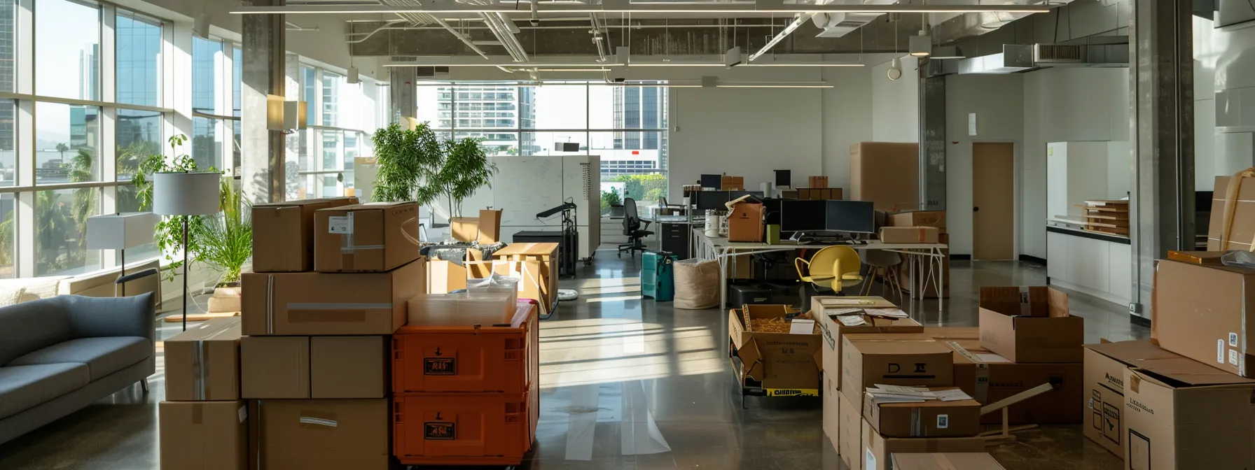 an office move in los angeles, with expert movers expertly packing and transporting office furniture and equipment with precision and care. an office move in los angeles, with expert movers expertly packing and transporting office furniture and equipment with precision and care.