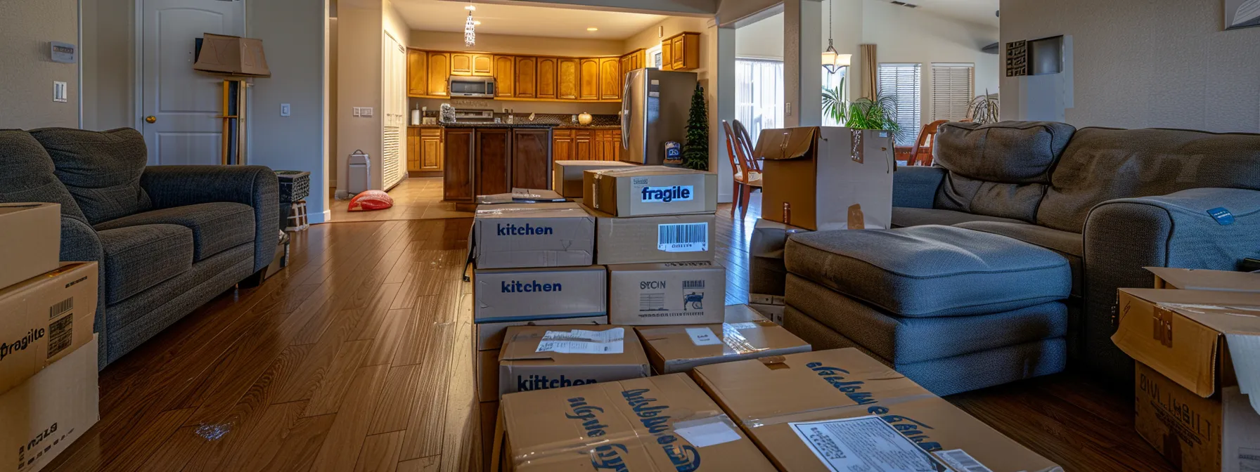 boxes neatly stacked in a spacious living room, some labeled boxes neatly stacked in a spacious living room, some labeled