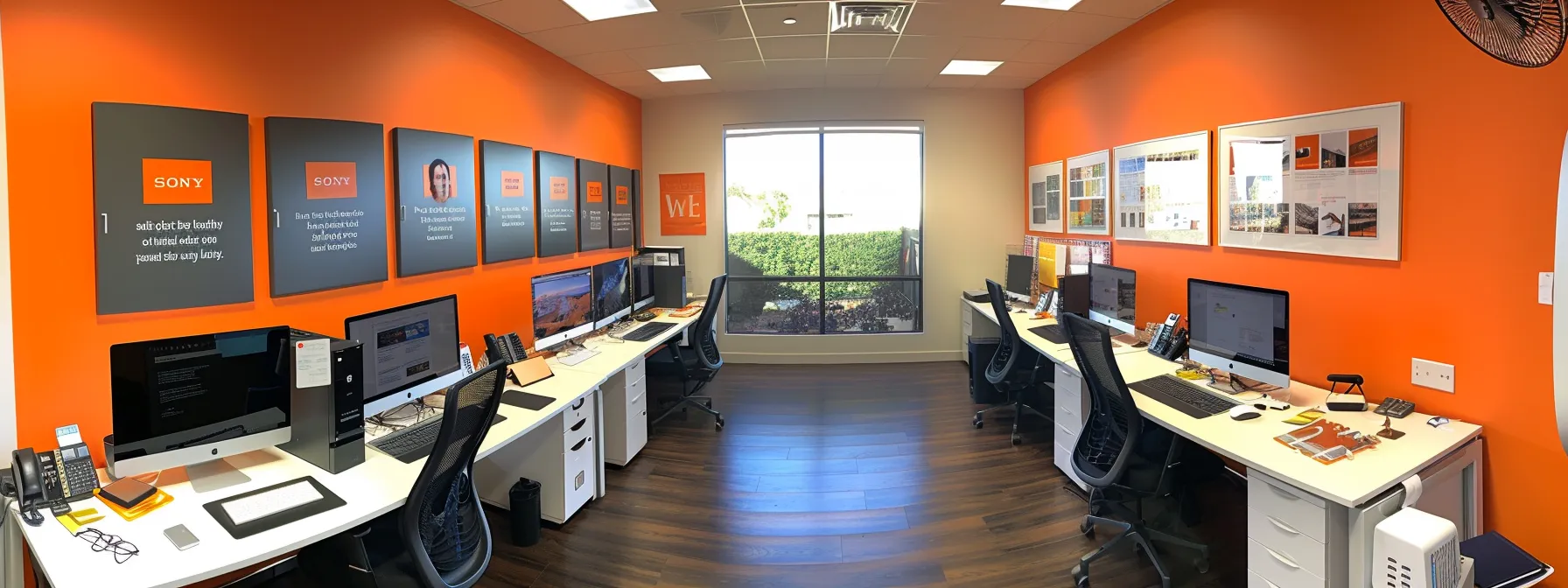 bright orange walls adorned with motivational quotes and sleek, modern workstations being set up by a cohesive team in a new orange county office space in irvine, ca (33.6839° n, 117.7947° w). bright orange walls adorned with motivational quotes and sleek, modern workstations being set up by a cohesive team in a new orange county office space in irvine, ca (33.6839° n, 117.7947° w).