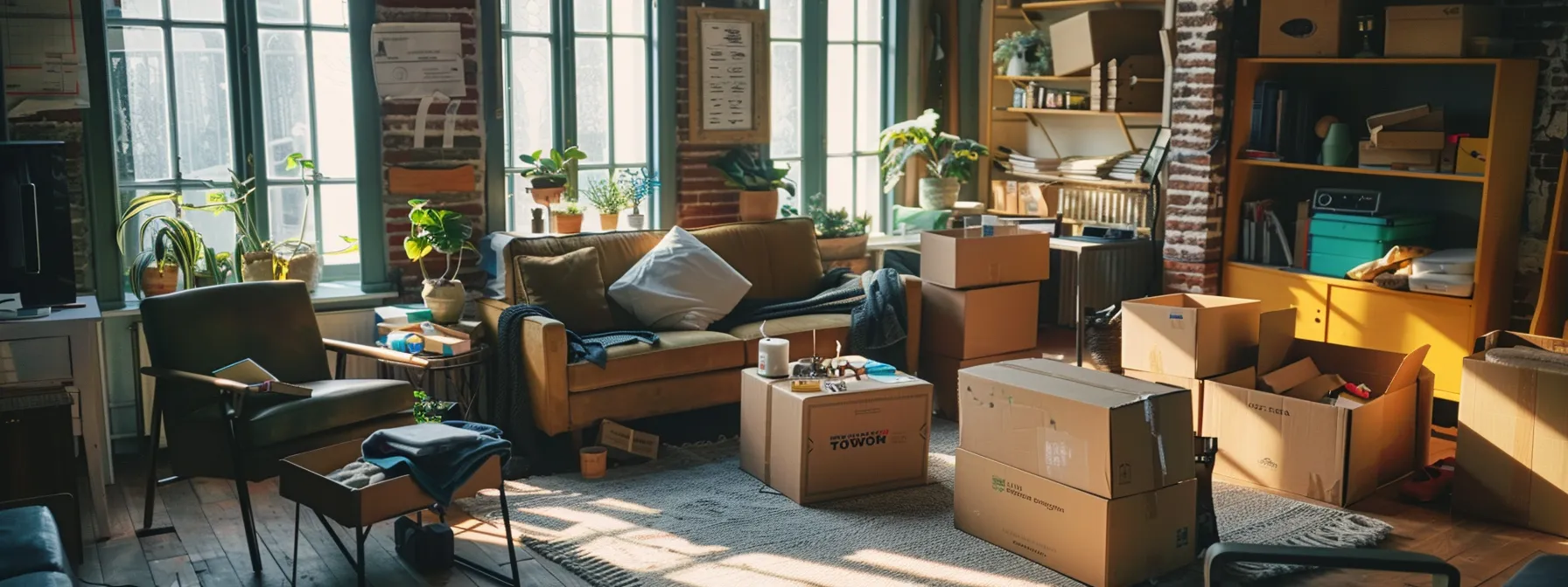 busy living room filled with open boxes, packing tape, and labeled essentials for a same-day move in los angeles.