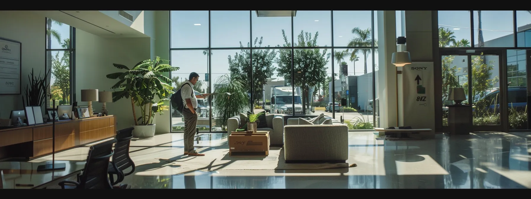 a busy office manager directing movers and checking inventory in a sleek irvine office space during a seamless transition (33.6846° n, 117.8265° w).