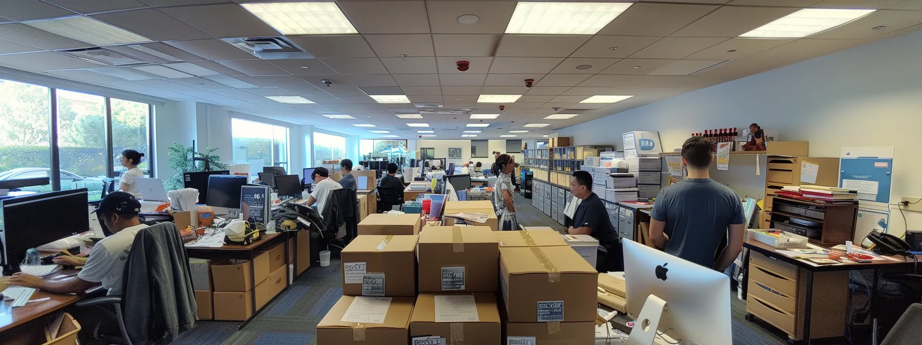 a busy office space with employees organizing and labeling items for an upcoming move in irvine, ca (33.6846° n, 117.8265° w). a busy office space with employees organizing and labeling items for an upcoming move in irvine, ca (33.6846° n, 117.8265° w).