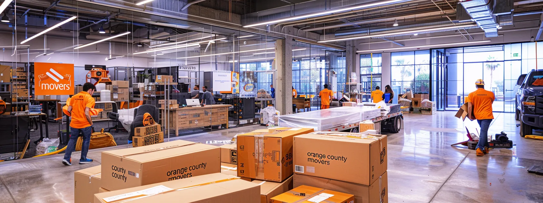 a busy office space with workers packing boxes labeled with various moving companies while a team in orange uniforms carefully loads furniture onto a truck labeled a busy office space with workers packing boxes labeled with various moving companies while a team in orange uniforms carefully loads furniture onto a truck labeled