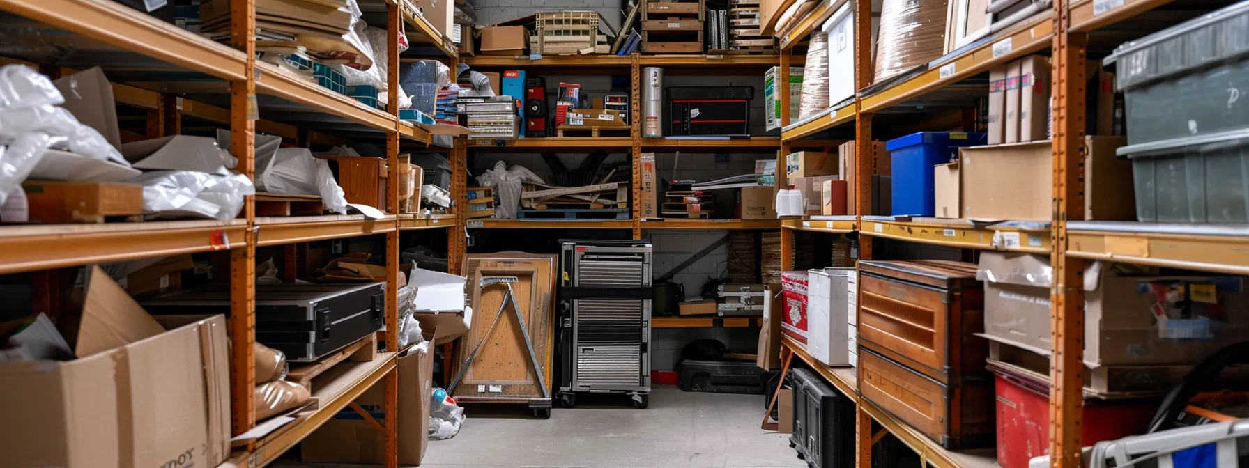 a climate-controlled storage unit with shelves of perfectly preserved belongings, showcasing a mix of wood furniture, electronics, and fragile documents in pristine condition. (irvine, ca - 33.6839° n, 117.8254° w) (file name: climate-controlled-storage-irvine-wood-electronics)