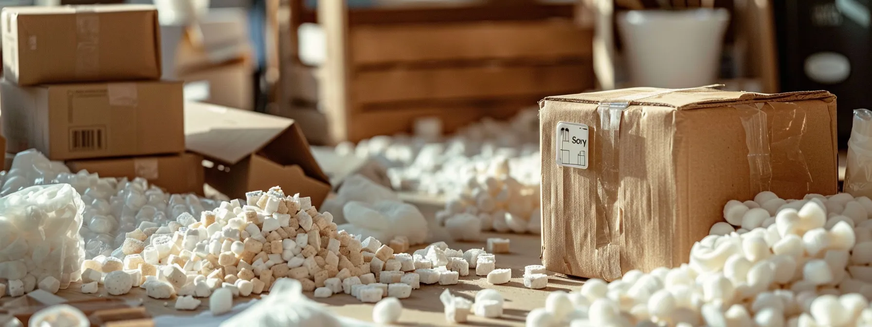 a close-up shot of plant-based packing peanuts and recycled paper packaging materials scattered on a table, showcasing the eco-friendly options for packing, under the sunny skies of irvine, ca (33.6846° n, 117.8265° w).