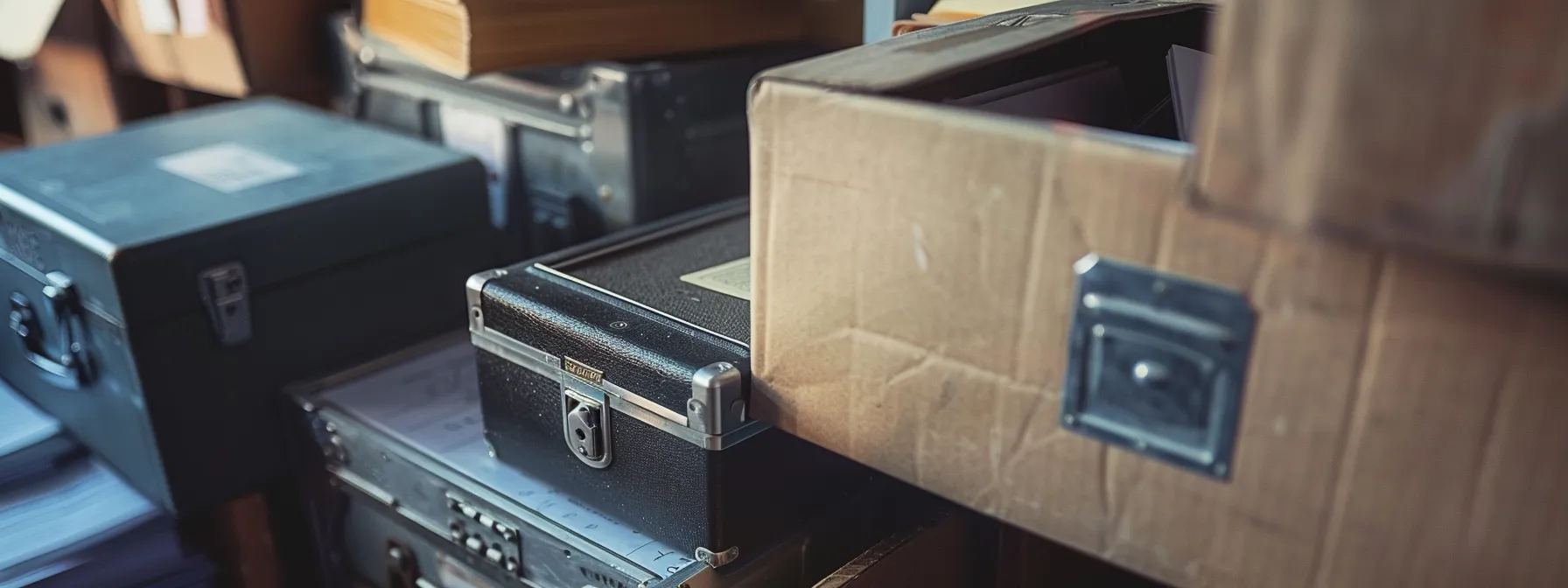 a close-up shot of a sturdy safe box surrounded by boxes and personal documents, symbolizing the safeguarding of valuable items during a relocation in irvine, ca (33.6846° n, 117.8265° w).