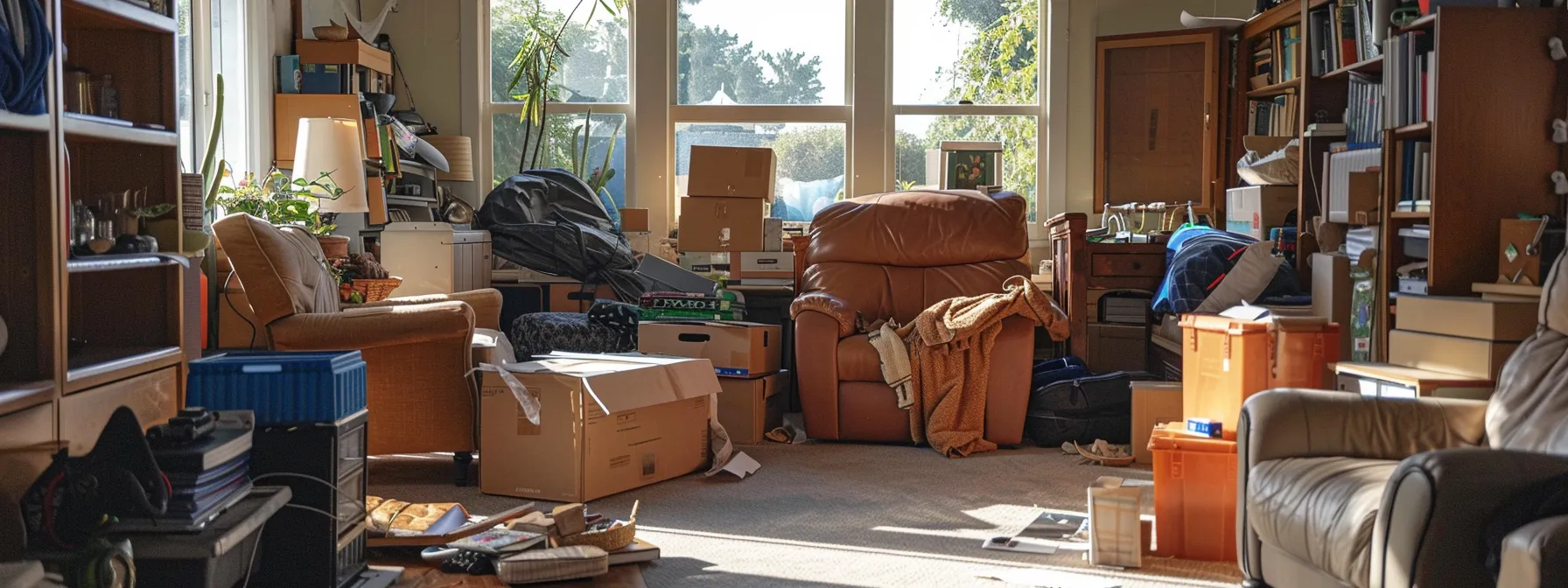 a cluttered living room with oversized furniture and boxes, illustrating the impact of size and weight on moving costs in orange county. a cluttered living room with oversized furniture and boxes, illustrating the impact of size and weight on moving costs in orange county.