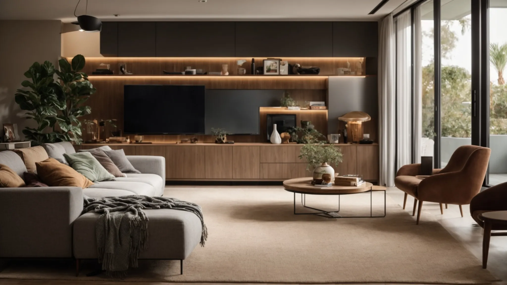 a clutter-free, organized living room with neatly stored seasonal items and valuables, promoting stress reduction and efficiency in irvine, ca (lat: 33.6846, long: -117.8265). a clutter-free, organized living room with neatly stored seasonal items and valuables, promoting stress reduction and efficiency in irvine, ca (lat: 33.6846, long: -117.8265).