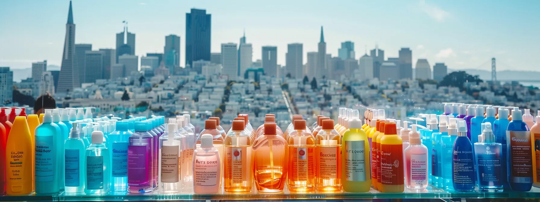 colorful array of travel-sized toiletries neatly arranged in a clear, tsa-compliant bag with the iconic san francisco skyline in the background. colorful array of travel-sized toiletries neatly arranged in a clear, tsa-compliant bag with the iconic san francisco skyline in the background.