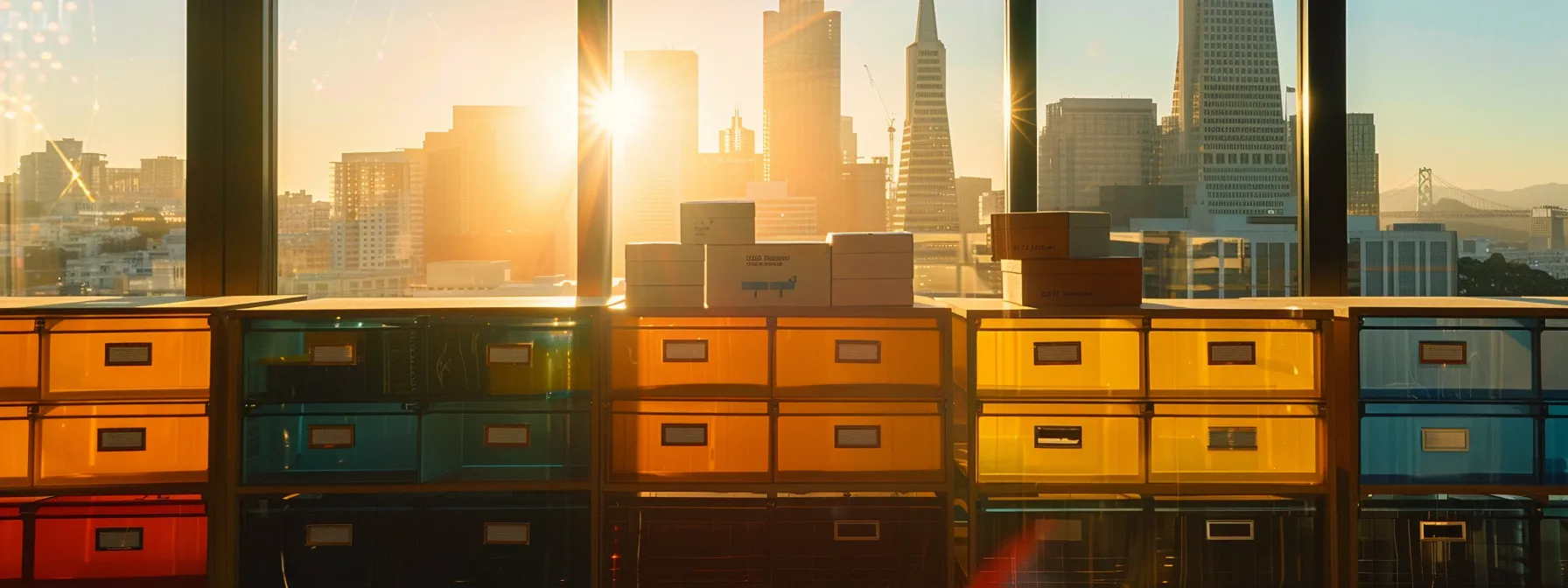 colorful boxes labeled by room, stacked neatly in a sunlit room overlooking the iconic skyline of downtown san francisco. colorful boxes labeled by room, stacked neatly in a sunlit room overlooking the iconic skyline of downtown san francisco.