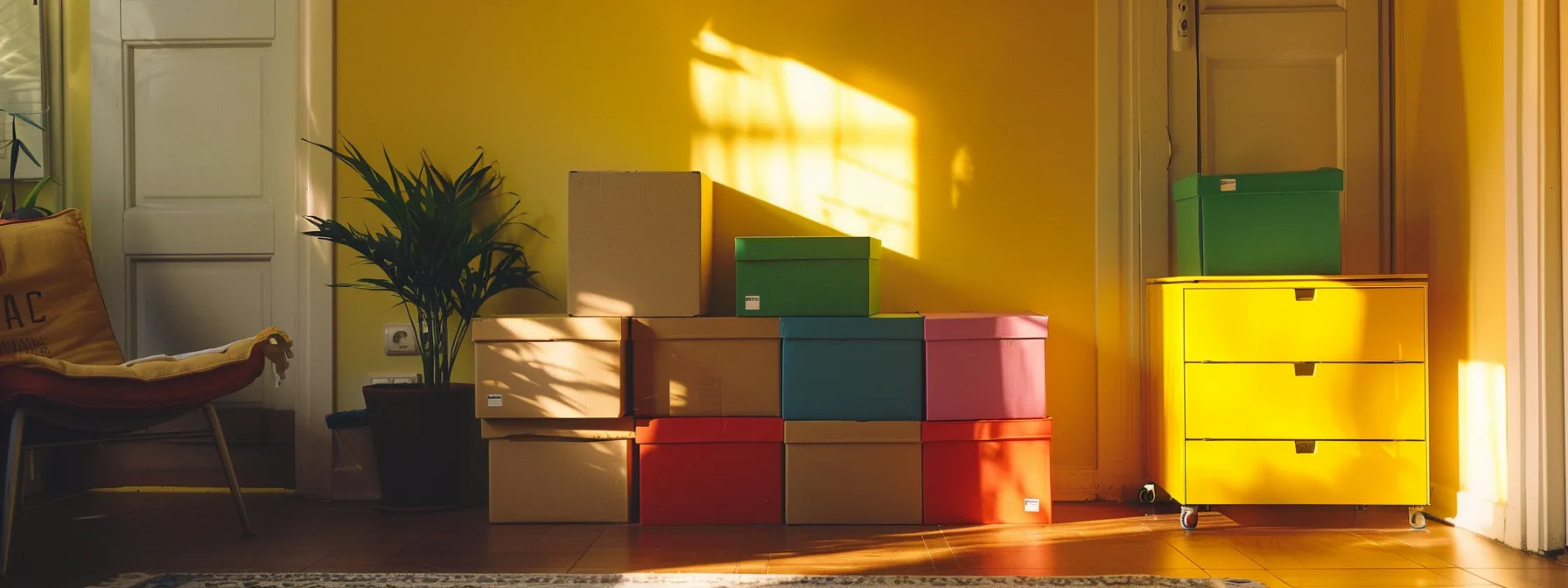 colorful moving boxes stacked neatly in a sunny room, ready for immediate relocation support. colorful moving boxes stacked neatly in a sunny room, ready for immediate relocation support.