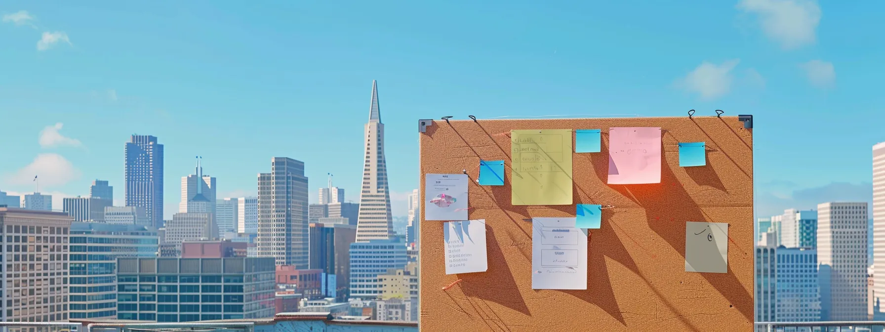 a colorful moving checklist pinned to a corkboard against a backdrop of the iconic san francisco skyline at the heart of downtown (37.7749° n, 122.4194° w).