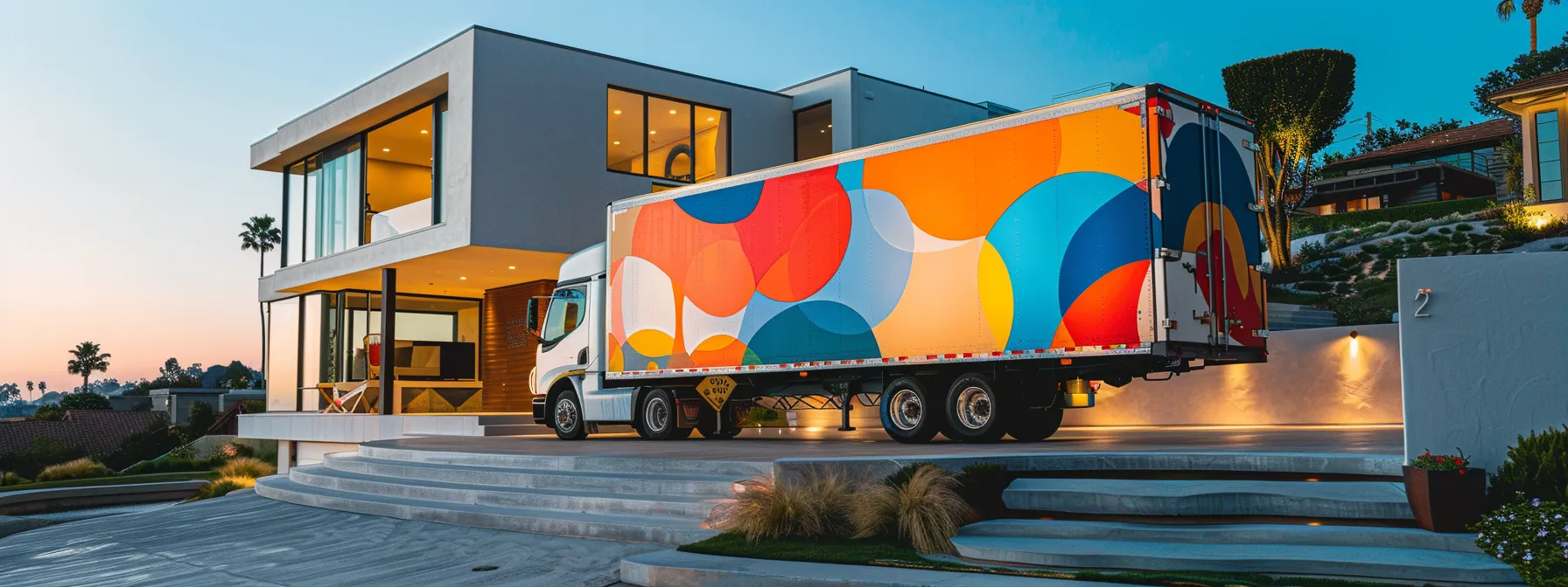 a colorful moving truck parked in front of a modern home in orange county, showcasing the logo of a reputable moving company. a colorful moving truck parked in front of a modern home in orange county, showcasing the logo of a reputable moving company.
