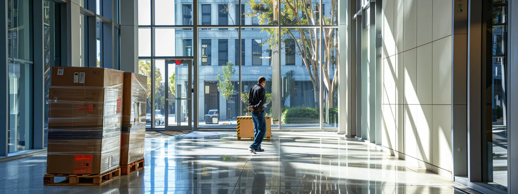 a commercial moving expert carefully maneuvering sensitive equipment in a sleek office building in downtown san francisco. latitude: 37.7749° n longitude: 122.4194° w a commercial moving expert carefully maneuvering sensitive equipment in a sleek office building in downtown san francisco. latitude: 37.7749° n longitude: 122.4194° w