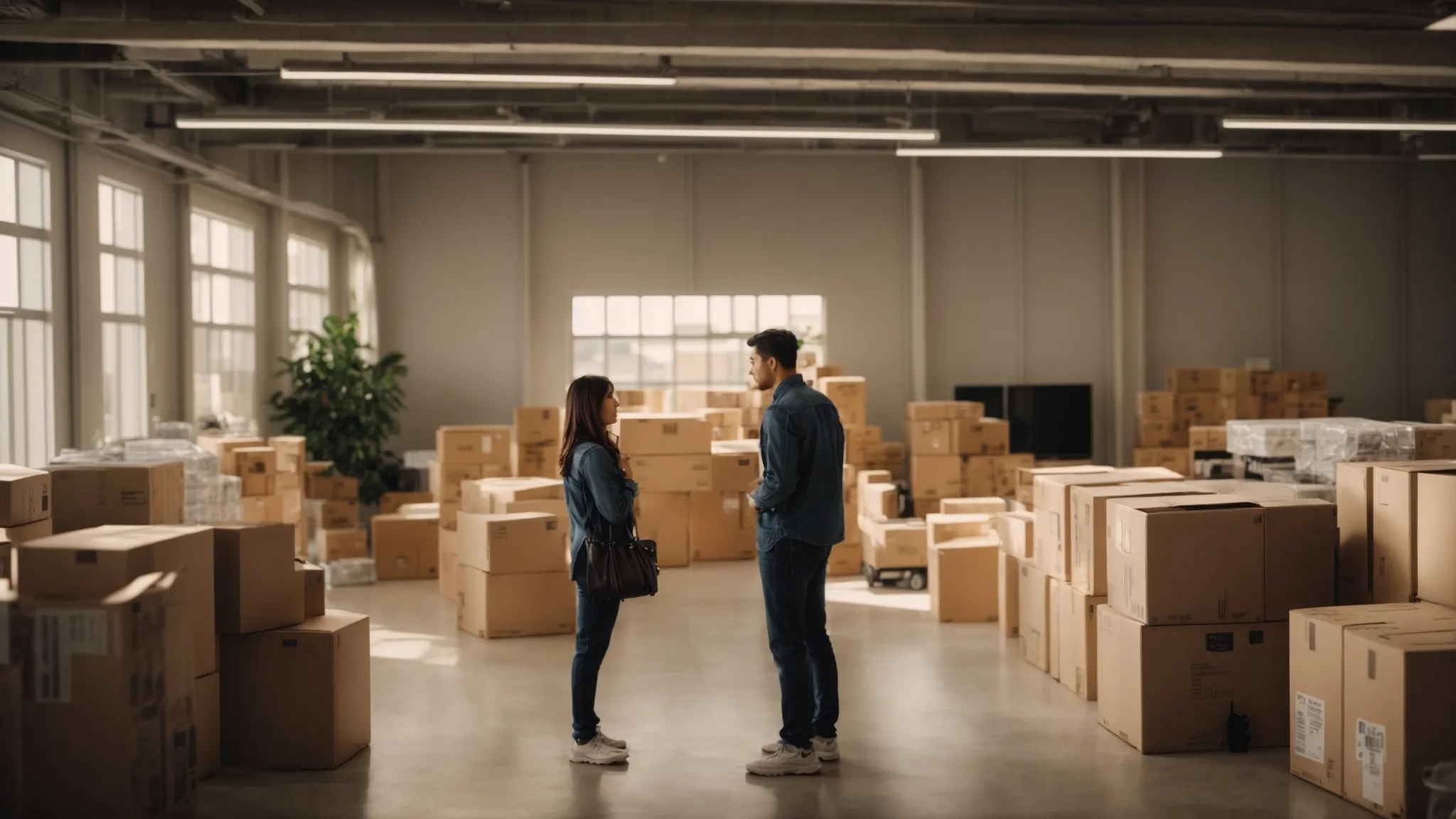 a couple discussing moving logistics surrounded by labeled boxes and a map in a well-lit room, preparing for an emergency relocation in irvine, ca (33.6846° n, -117.8265° w). a couple discussing moving logistics surrounded by labeled boxes and a map in a well-lit room, preparing for an emergency relocation in irvine, ca (33.6846° n, -117.8265° w).