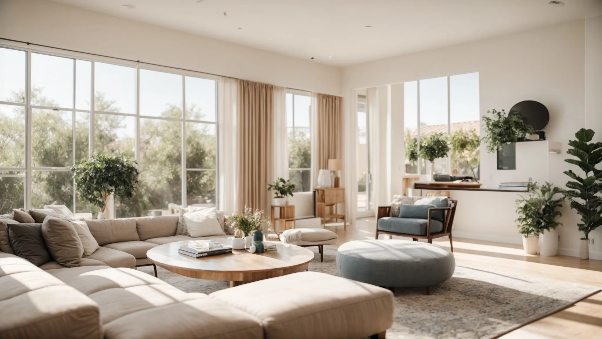 a couple strategically organizing and decluttering their belongings in a sunny, spacious living room in irvine, ca (33.6846° n, -117.8254° w) to plan for an affordable move. photo filename: affordable_move_organizing_irvine_ca