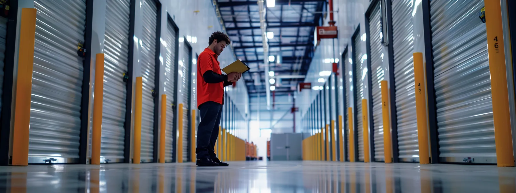 customer reviewing testimonials on a clipboard in a modern storage facility in orange county, with bright natural light illuminating the space. customer reviewing testimonials on a clipboard in a modern storage facility in orange county, with bright natural light illuminating the space.