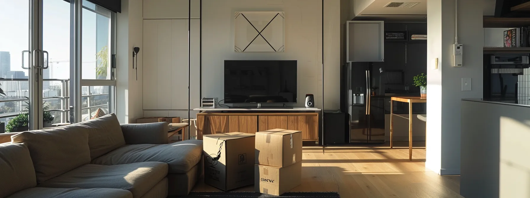efficient unpacking process in a spacious, modern los angeles apartment with innovative storage solutions and sleek architectural features.