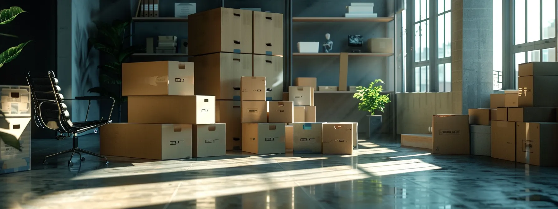 efficiently labeled boxes stacked in an orderly fashion, ready for transit, showcasing a well-organized office relocation process.