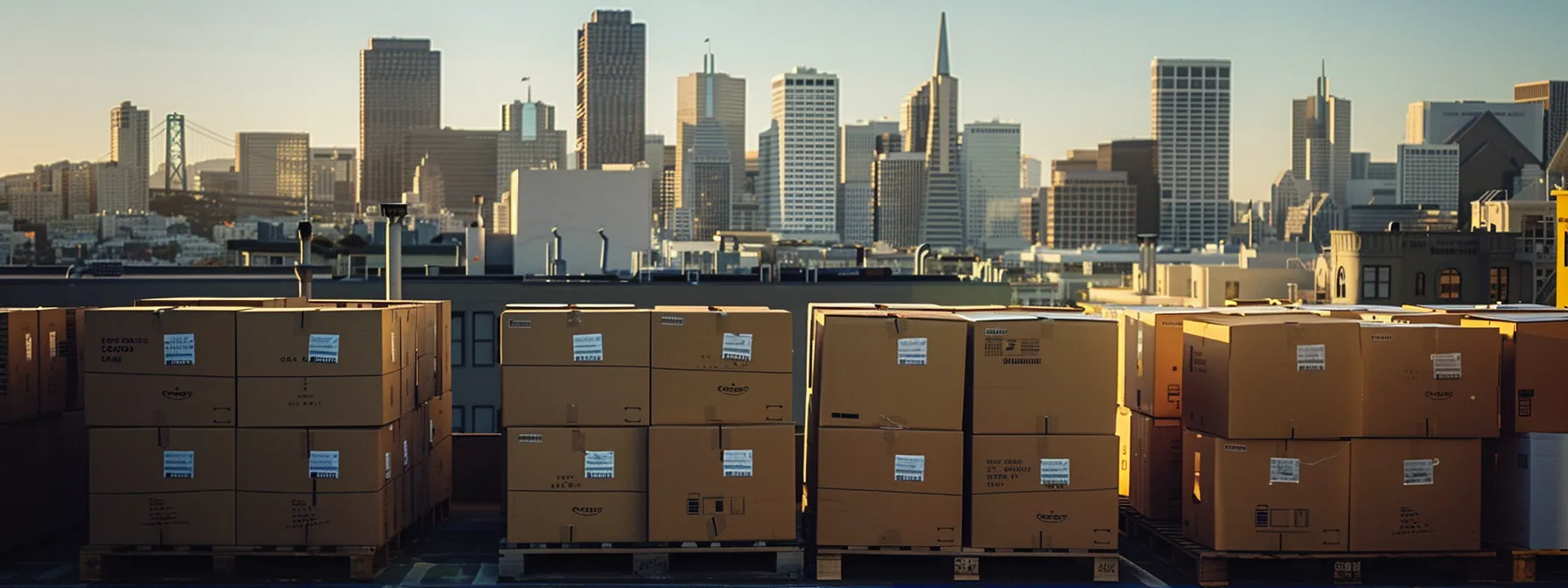 efficiently organized moving boxes labeled with destination coordinates, ready for long-distance transport, against a backdrop of urban skylines in downtown san francisco. efficiently organized moving boxes labeled with destination coordinates, ready for long-distance transport, against a backdrop of urban skylines in downtown san francisco.