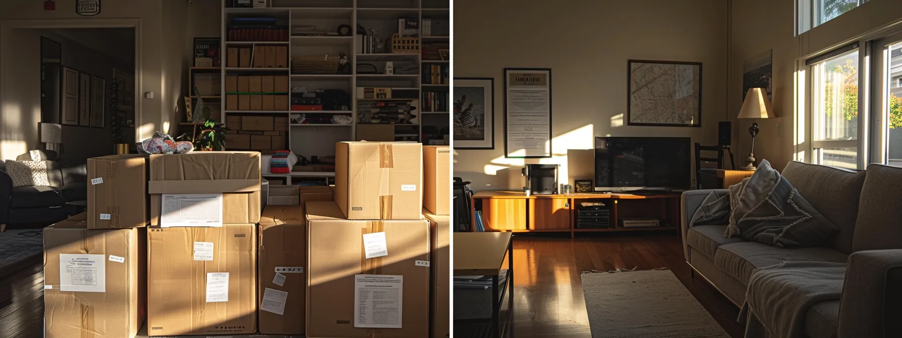 efficiently packed boxes labeled and stacked in a san francisco apartment, ready for a smooth relocation.