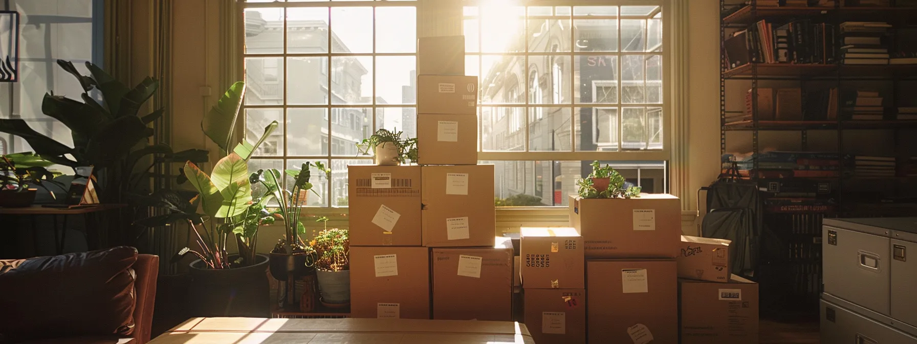 efficiently packed moving boxes labeled and stacked neatly in a sunny san francisco apartment, ready for the big move. efficiently packed moving boxes labeled and stacked neatly in a sunny san francisco apartment, ready for the big move.