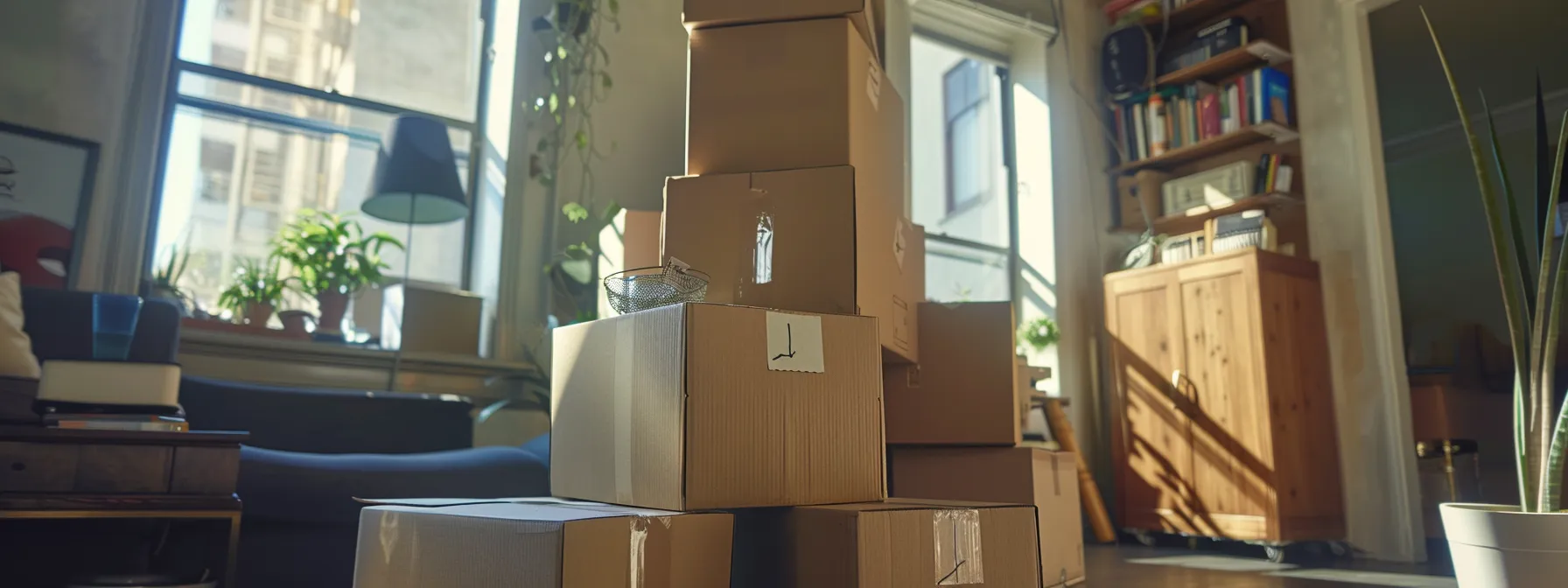 efficiently packed moving boxes labeled and stacked in a san francisco apartment. efficiently packed moving boxes labeled and stacked in a san francisco apartment.