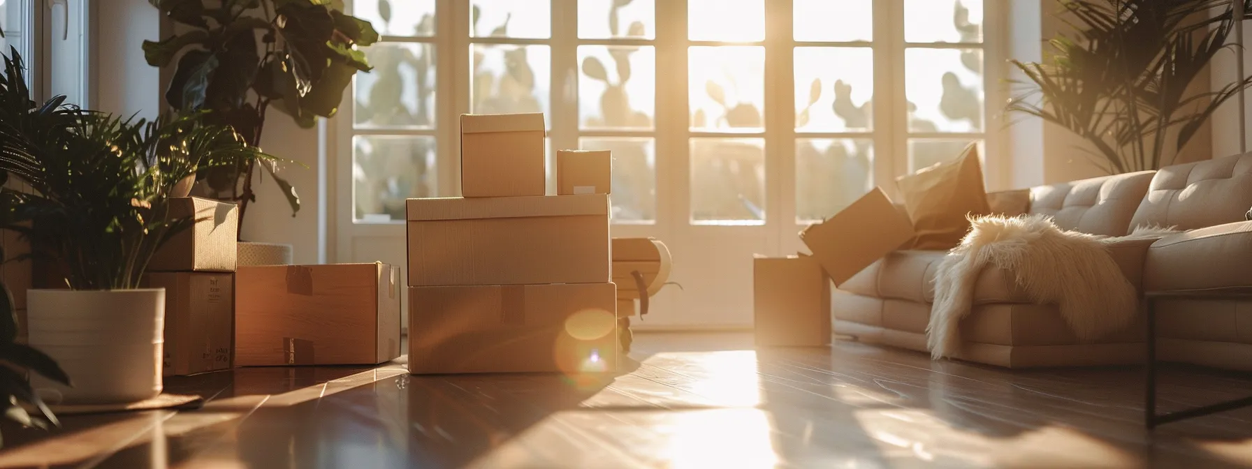 efficiently unpacking boxes in a bright, spacious living room with sunlight streaming in through large windows. efficiently unpacking boxes in a bright, spacious living room with sunlight streaming in through large windows.