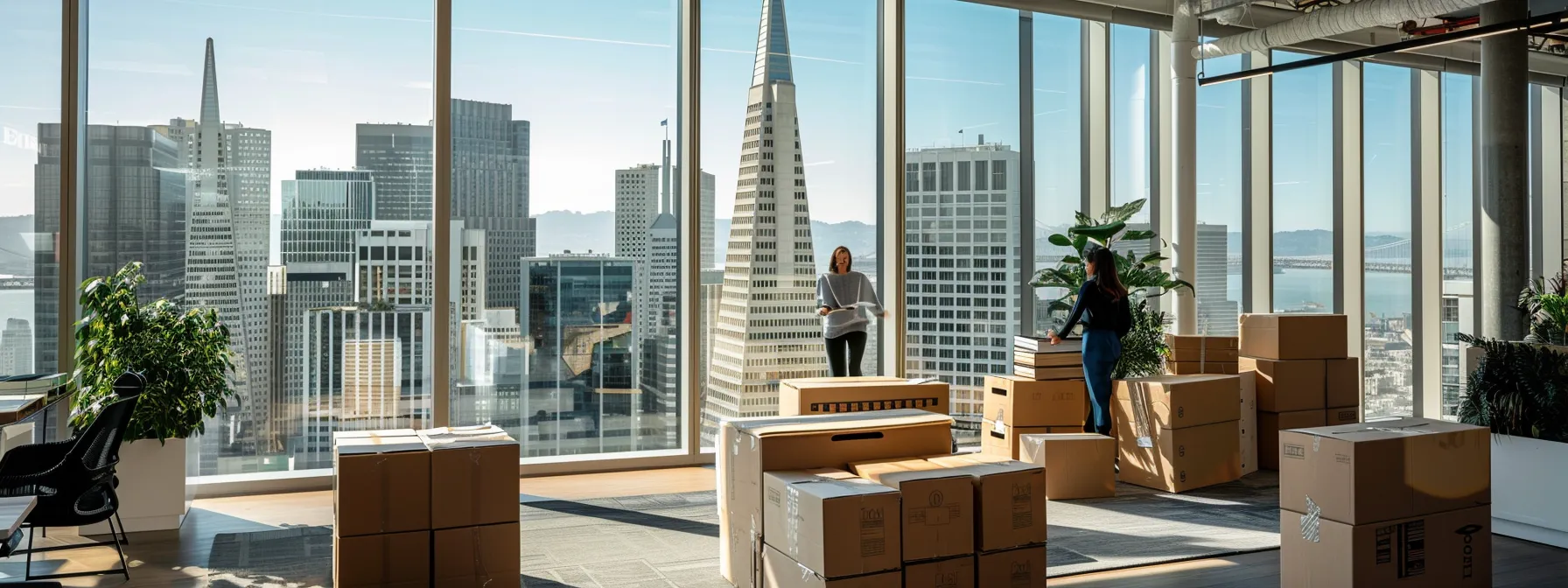 employees efficiently unpacking boxes in a modern san francisco office space overlooking the bustling cityscape, with the transamerica pyramid in the background. employees efficiently unpacking boxes in a modern san francisco office space overlooking the bustling cityscape, with the transamerica pyramid in the background.
