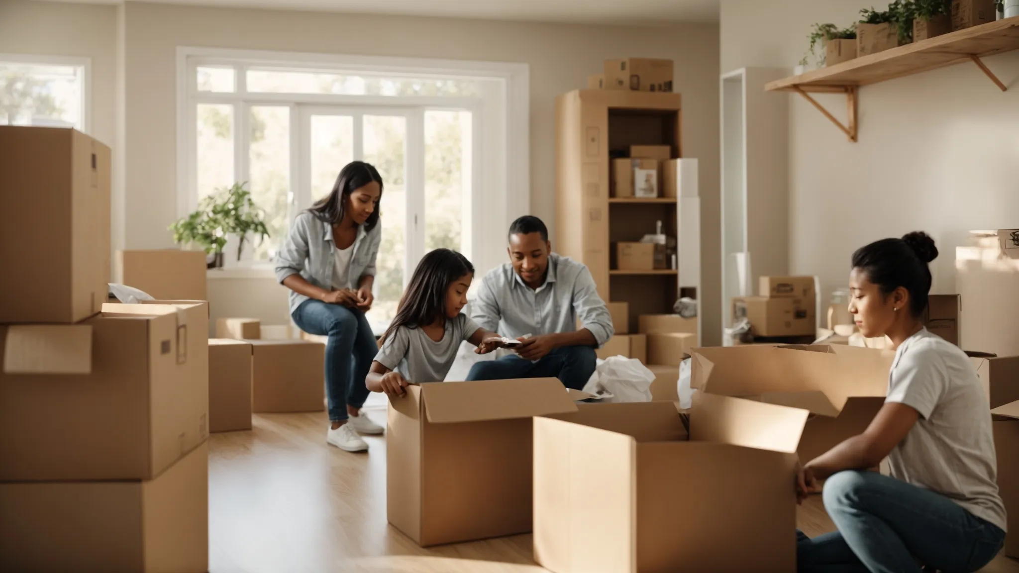 a family carefully selecting moving boxes and packing supplies in a bright, organized room in irvine, ca (33.6846° n, -117.8265° w). a family carefully selecting moving boxes and packing supplies in a bright, organized room in irvine, ca (33.6846° n, -117.8265° w).