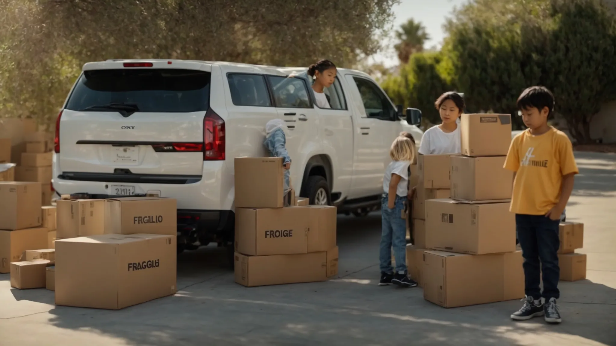 a family standing in front of a moving truck, packed with boxes labeled