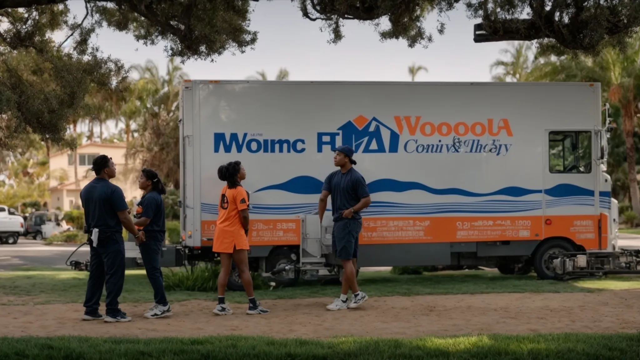 a family stands in front of a moving truck, adorned with the logo of a reputable orange county moving company, while shaking hands with the movers in irvine, ca (33.6839° n, -117.8265° e). a family stands in front of a moving truck, adorned with the logo of a reputable orange county moving company, while shaking hands with the movers in irvine, ca (33.6839° n, -117.8265° e).