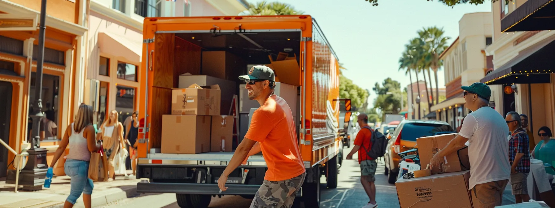 a group of cheerful movers unloading boxes from a bright orange moving truck in a bustling street of orange county, showcasing community support and local economy boost.