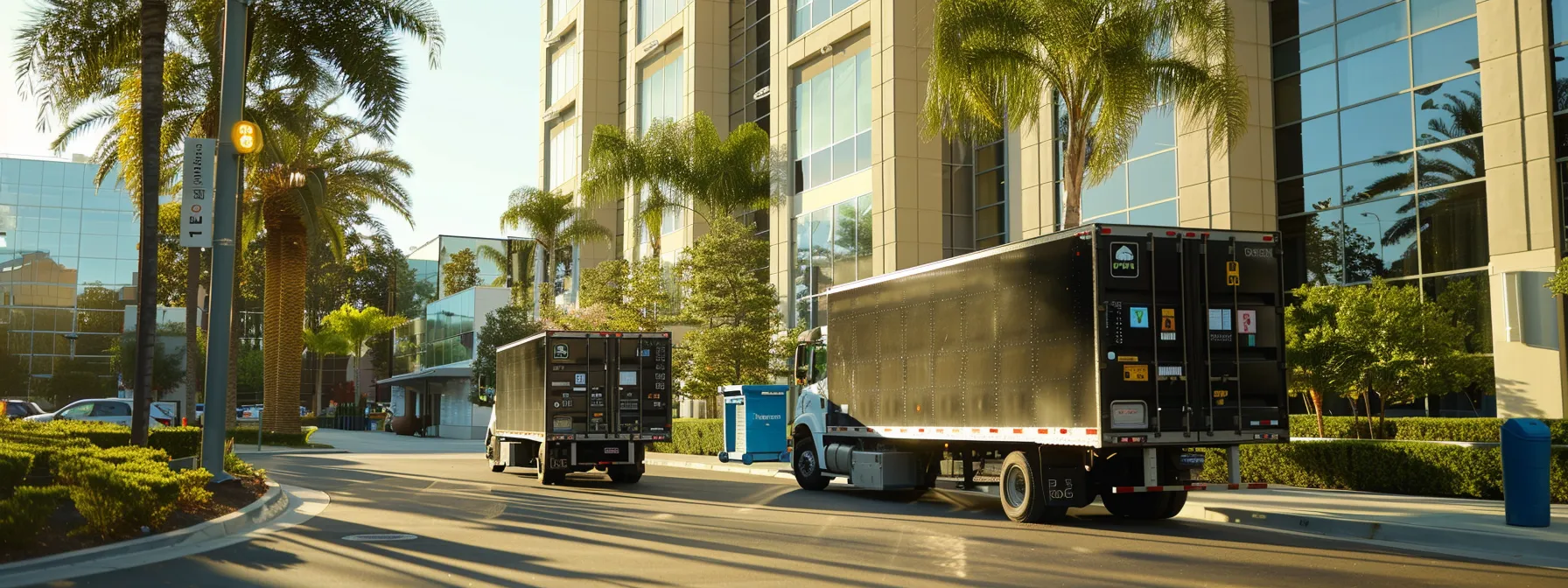 a group of eco-friendly movers in orange county carefully loading solar-powered moving trucks with labeled recycling bins outside a modern office building in irvine, ca (33.6846° n, 117.8265° w). a group of eco-friendly movers in orange county carefully loading solar-powered moving trucks with labeled recycling bins outside a modern office building in irvine, ca (33.6846° n, 117.8265° w).