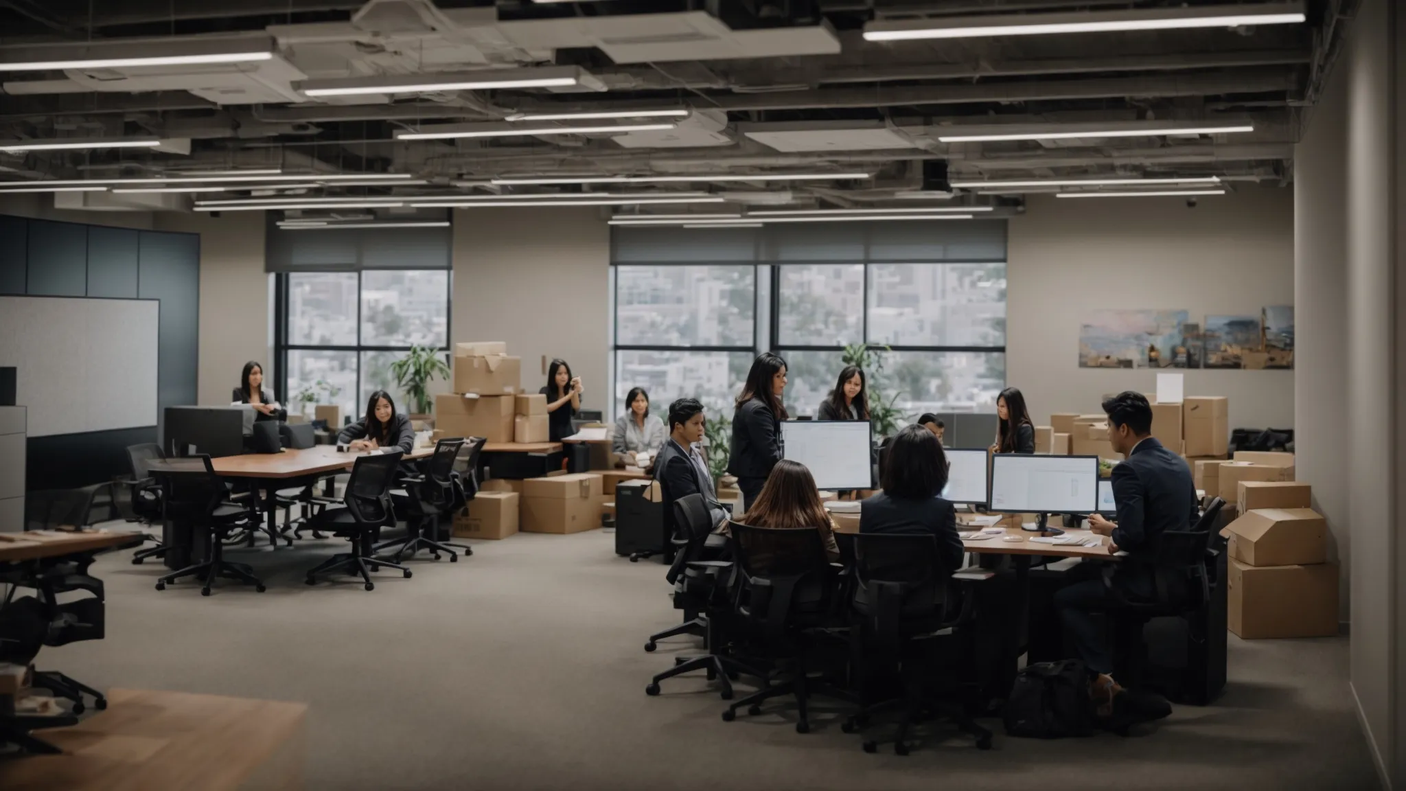 a group of employees in a collaborative meeting, surrounded by moving boxes and maps, planning their office move strategically in the santa ana district office in irvine, ca (lat: 33.6846, long: -117.8265). a group of employees in a collaborative meeting, surrounded by moving boxes and maps, planning their office move strategically in the santa ana district office in irvine, ca (lat: 33.6846, long: -117.8265).
