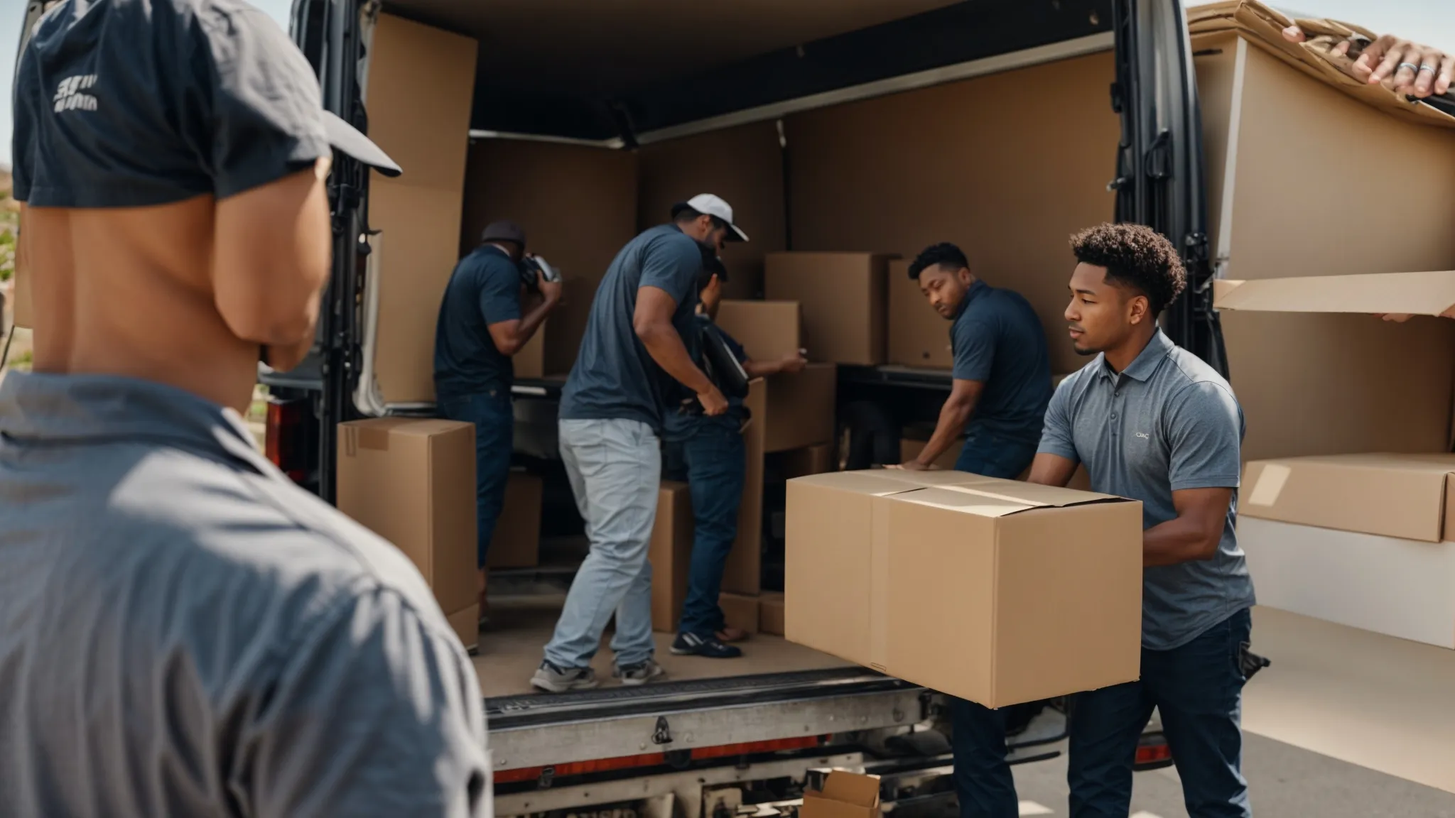 a group of experienced movers carefully loading boxes into a moving truck in irvine, ca (33.6846° n, -117.8265° w). a group of experienced movers carefully loading boxes into a moving truck in irvine, ca (33.6846° n, -117.8265° w).