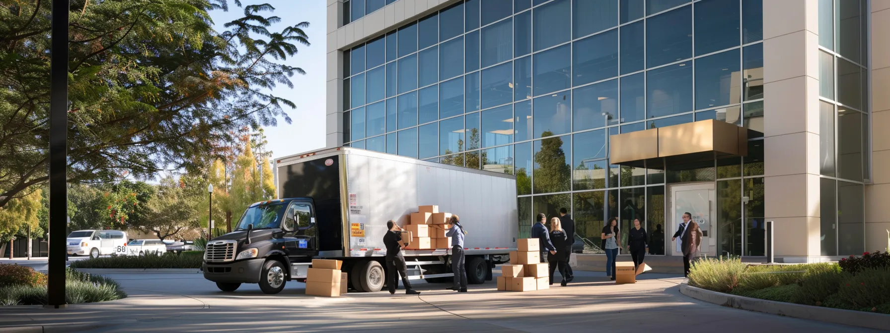 a group of movers carefully loading labeled boxes onto a moving truck outside a sleek office building, with employees in business attire supervising the process, showcasing a seamless business relocation in irvine, ca (33.6846° n, 117.8265° w) a group of movers carefully loading labeled boxes onto a moving truck outside a sleek office building, with employees in business attire supervising the process, showcasing a seamless business relocation in irvine, ca (33.6846° n, 117.8265° w)