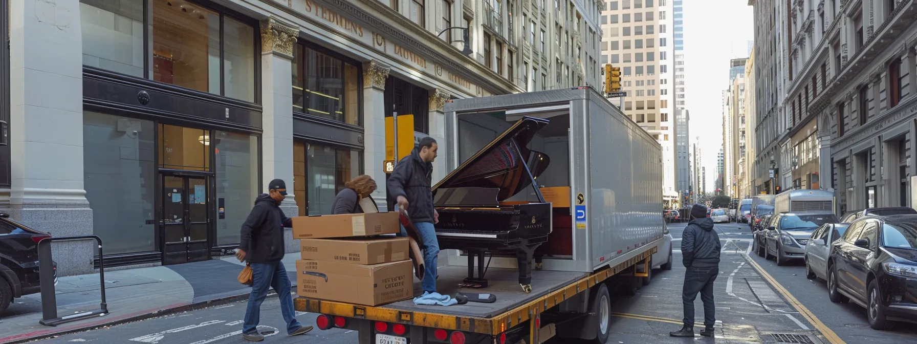 a group of movers carefully loading a grand piano onto a moving truck in downtown san francisco, showcasing the specialized services offered by long distance moving companies. (37.7749° n, 122.4194° w)