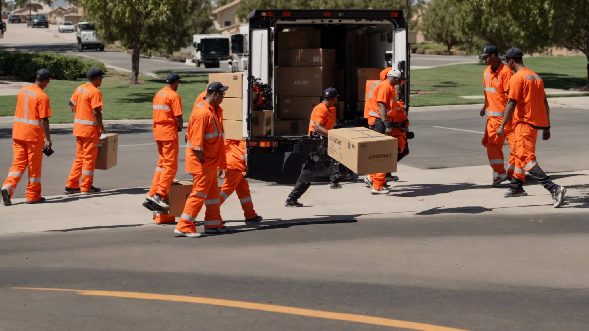 a group of movers, clad in bright orange uniforms, swiftly loading boxes into a moving truck in the sunny streets of irvine, ca (33.6846° n, -117.8265° w). a group of movers, clad in bright orange uniforms, swiftly loading boxes into a moving truck in the sunny streets of irvine, ca (33.6846° n, -117.8265° w).